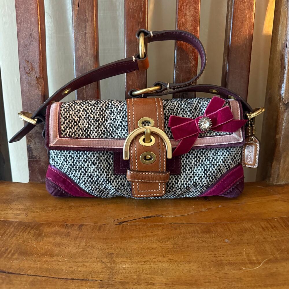 Vintage Coach Soho Tweed Demi Shoulder Bag Purple Suede Velvet Bow Y2K 8F01